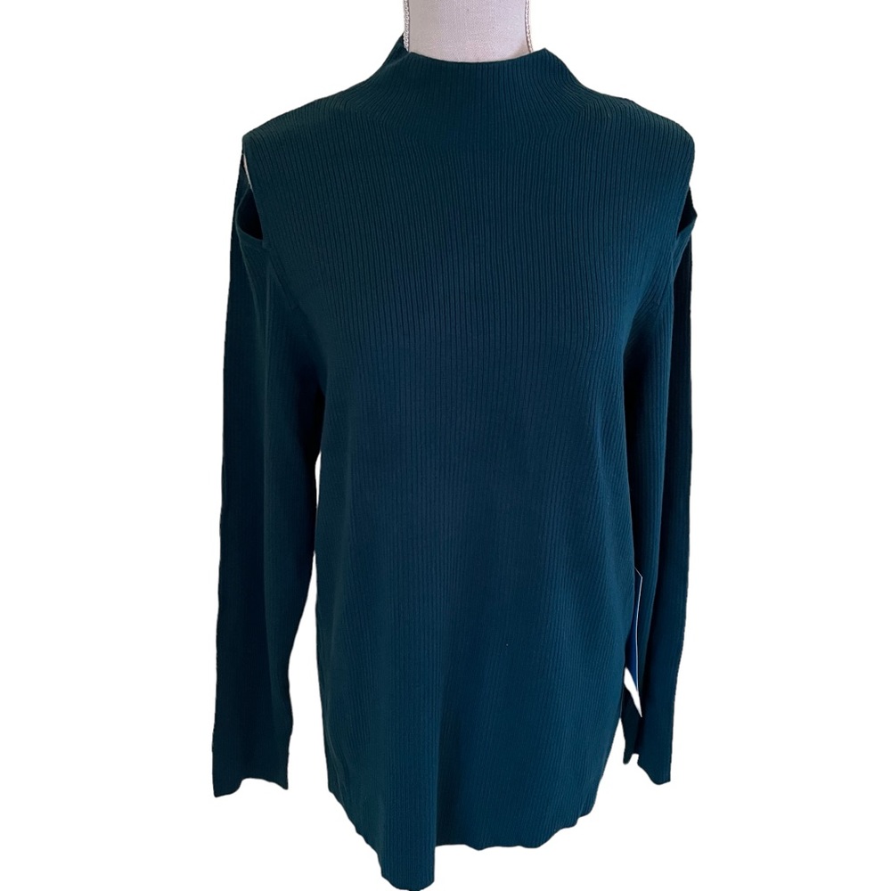 Lane Bryant Deep Teal Ribbed Mockneck Front Cold Shoulder Sweater 18/20